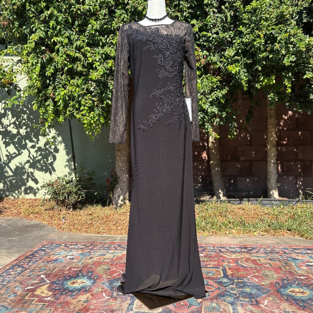 NWT Xscape Black Lace & Beaded Gown | Size 8 Long Sleeve Formal Dress